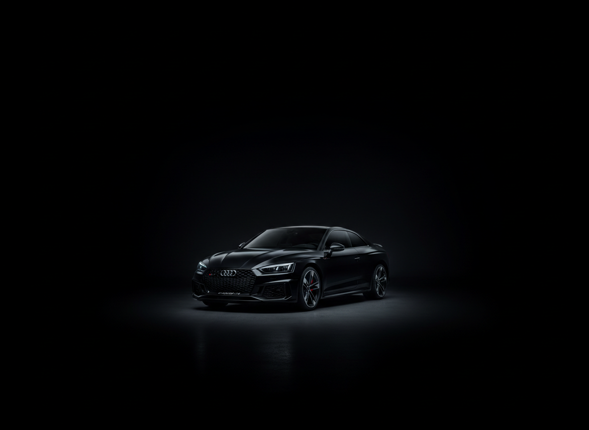 Cinematic ultra-dark photograph of a premium car in a professional auto body shop, dramatic low-key lighting, deep shadows, glossy wet paint reflections on a dark car body, moody atmosphere, almost black background, subtle rim light along the car's edge, high-end refined mood